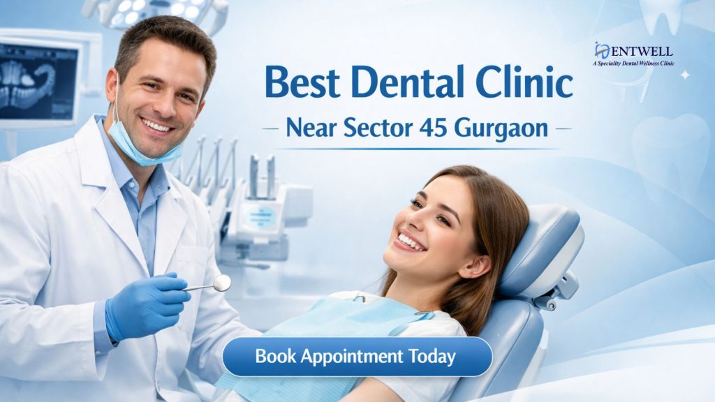 Smiling dentist treating a happy female patient in a modern dental clinic with headline “Best Dental Clinic Near Sector 45 Gurgaon” and Book Appointment Today button.